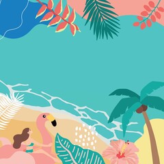 Fototapeta na wymiar Summer background with coconut tree, sea ,people on the beach