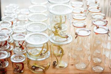 Empty glass containers on table at cafe