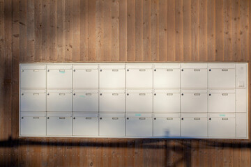 Germany, Bavaria, Munich, Rows of apartment mailboxes in Prinz-Eugen-Park complex