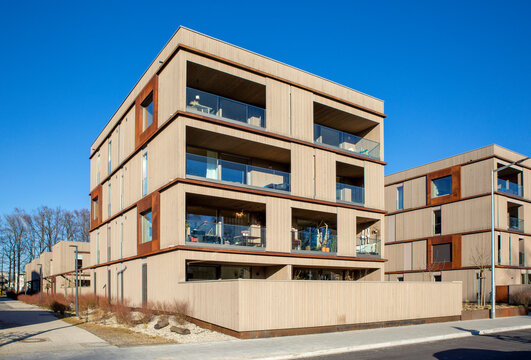 Germany, Bavaria, Munich, Energy efficient timber apartments in Prinz-Eugen-Park complex