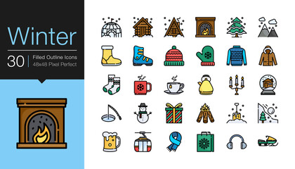 Winter icons. Filled outline design. Vector illustration.
