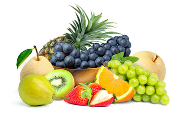 Naklejka na ściany i meble Group of different fresh organic tropical fruits isolated on white background. 