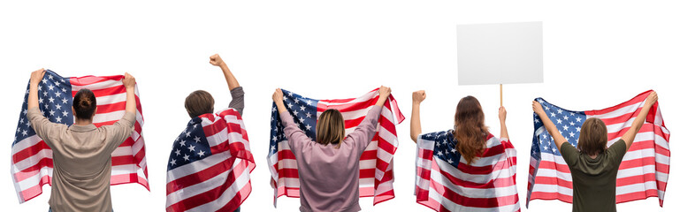 independence day, patriotic and human rights concept - group of people with flags of united states of america and poster protesting on demonstration over white background