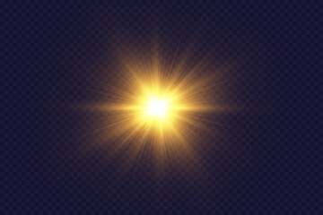 Light effect. Golden bright star, yellow sun. Starlight.