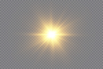 Light effect. Golden bright star, yellow sun. Starlight.