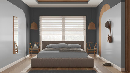 Modern wooden bedroom in gray tones, master velvet bed with pillows and blanket, rattan pendant lamps, chairs, cloth hanger. Parquet, carpet, window with blinds. Interior design