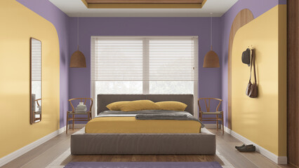 Modern wooden bedroom in yellow and purple tones, master velvet bed with pillows and blanket, lamps, chairs, cloth hanger. Parquet, carpet, window with blinds. Interior design