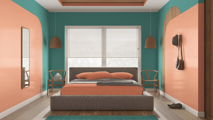 Modern wooden bedroom in orange and turquoise tones, master velvet bed with pillows and blanket, lamps, chairs, cloth hanger. Parquet, carpet, window with blinds. Interior design