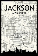 Light printout city poster with panoramic skyline and hand-drawn streets network on vintage beige background of the downtown JACKSON, MISSISSIPPI