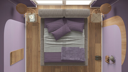 Modern wooden bedroom in purple tones, master velvet bed with pillows and blanket, pendant lamps, chairs. Parquet, carpet, window with blinds. Top view, plan, above, interior design