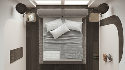 Modern wooden bedroom in dark tones, master velvet bed with pillows and blanket, pendant lamps, chairs. Parquet, carpet, window with blinds. Top view, plan, above, interior design