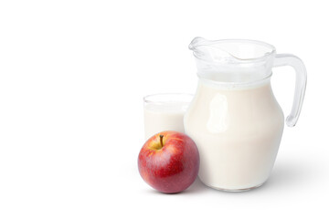 Glass of milk and apple fruit isolated on white background.