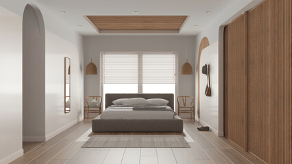 Modern wooden bedroom in white tones, master velvet bed with pillows and blanket, rattan pendant lamps, chairs, cloth hanger. Parquet, carpet, window, sliding door. Interior design