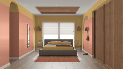 Modern wooden bedroom in orange tones, master velvet bed with pillows and blanket, rattan pendant lamps, chairs, cloth hanger. Parquet, carpet, window, sliding door. Interior design