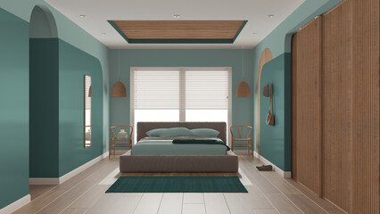 Modern wooden bedroom in turquoise tones, master velvet bed with pillows, blanket, rattan pendant lamps, chairs, cloth hanger. Parquet, carpet, window, sliding door. Interior design