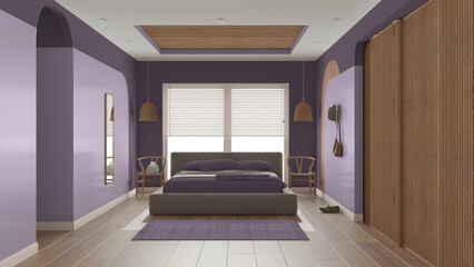 Modern wooden bedroom in purple tones, master velvet bed with pillows and blanket, rattan pendant lamps, chairs, cloth hanger. Parquet, carpet, window, sliding door. Interior design