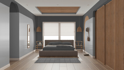 Modern wooden bedroom in gray tones, master velvet bed with pillows and blanket, rattan pendant lamps, chairs, cloth hanger. Parquet, carpet, window, sliding door. Interior design