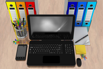 Su di una scrivania da ufficio si trovano un computer portatile, cartelle e raccoglitori di documenti, cancelleria. Lavoro in ufficio.. © massimo_g