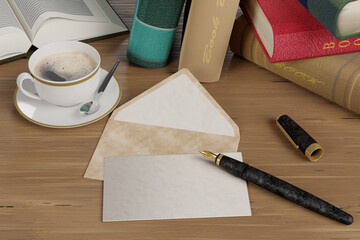 Illustrazione 3D. Appoggiati su una scrivania di legno antico una penna stilografica con biglietto, lettera vuota e spazio per scrivere. Accanto una tazza di caffè..