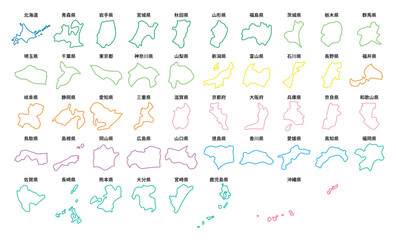 Fototapeta na wymiar シンプルな日本地図　都道府県ごとに切り分け　カラフル　線　エリアで色分け