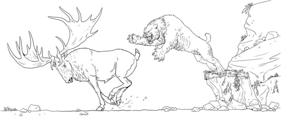 
Saber Tooth attacks the gigantic deer megaloceros. Drawing with extinct animals. Template for coloring book.