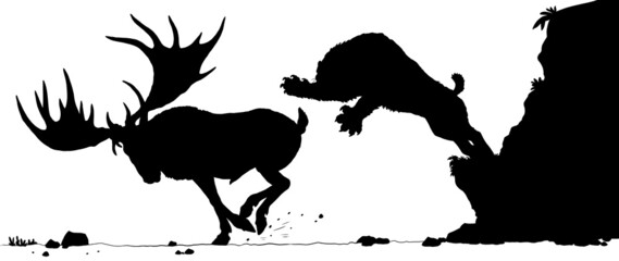 Saber-tooth attacks the gigantic deer megaloceros. Drawing with extinct animals.