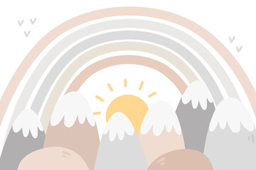 Children hand drawn doodle mountain illustration in scandinavian style. Children's wallpaper, mountain landscape. Mountainscape, baby room design, wall decor. Vector illustration © Mira Asami