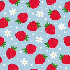 Seamless pattern of strawberries and flowers. Colorful fruit on blue background.