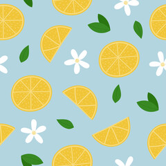 Lemon seamless pattern. Lemon slices, leaves and flowers on blue background