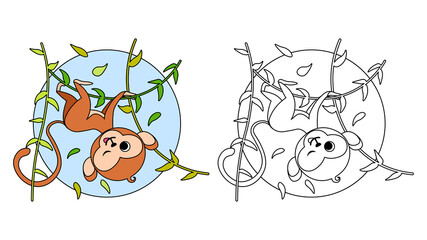 Vector illustration of children's coloring book or page on white background. Funny monkey characters climb a liana for a design poster, print, greeting card, label, sticker in a cartoon.