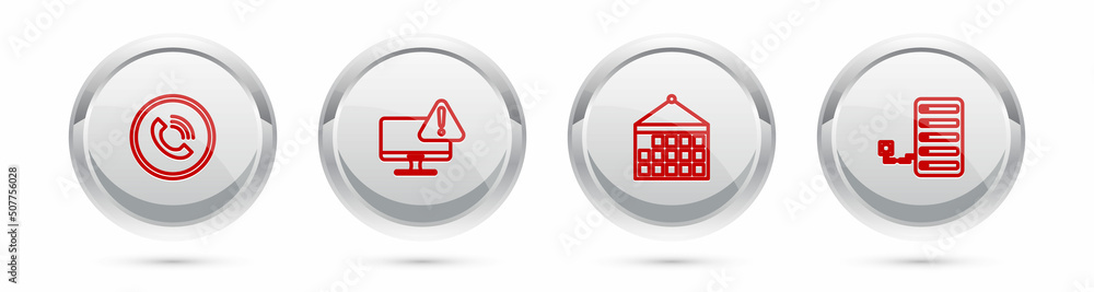 Poster set line phone call, monitor with exclamation mark, calendar and server. silver circle button. vecto