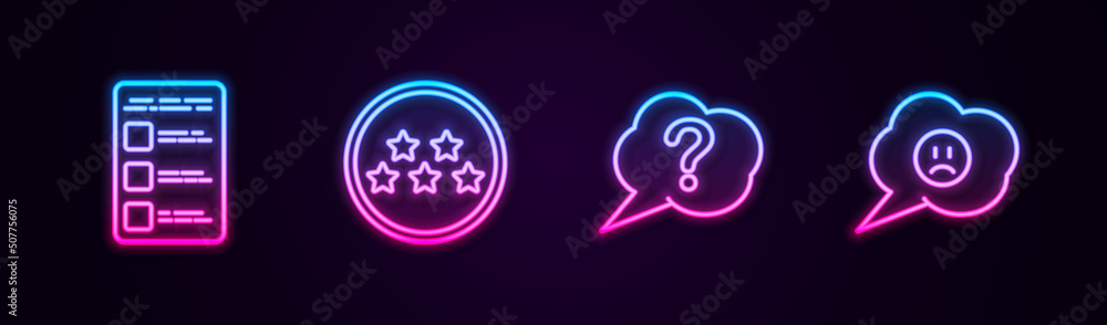 Poster set line create account screen on mobile, five stars rating review, speech bubble question and with 