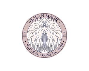 Mermaid logo. Brand template vector illustration. Siren and marine girl with a tail. Vintage Hand drawn vector illustration for logo and poster