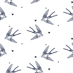 Swallow bird vector pattern. White background and blue vintage martin bird