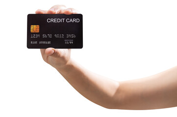 The woman's hand holds a black credit card isolated on white background..