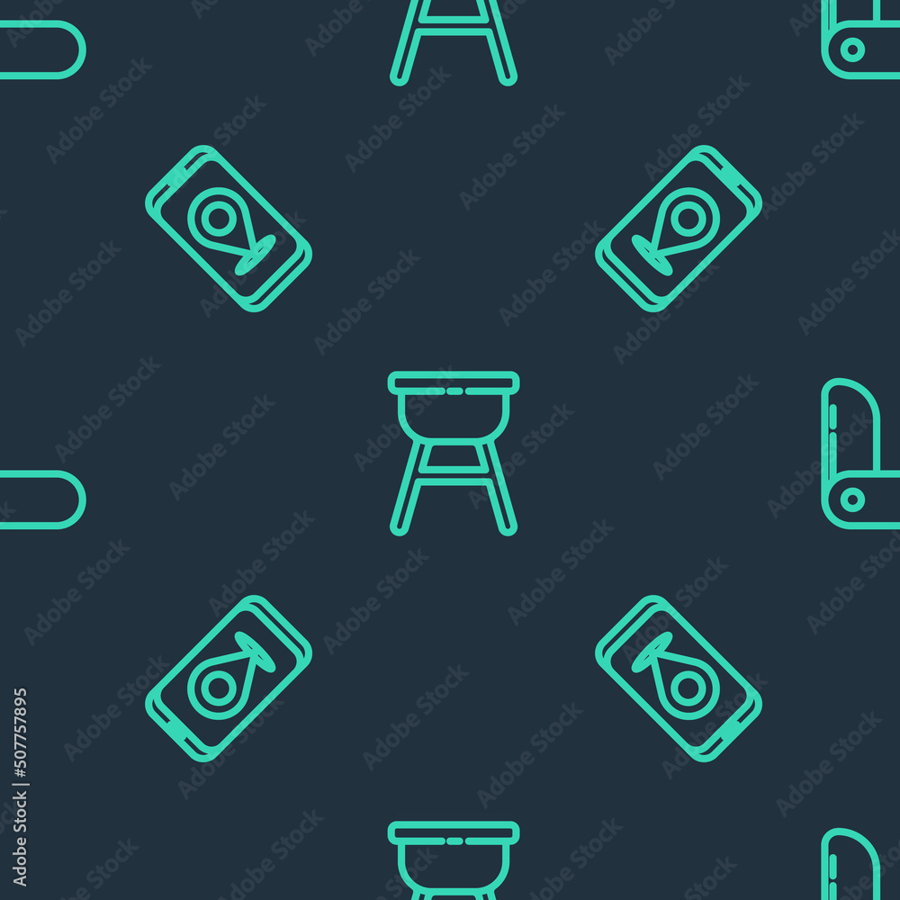 Poster set line barbecue grill, city map navigation and swiss army knife on seamless pattern. vector