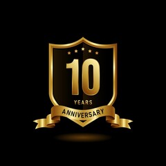 10 years anniversary logo with golden shield and ribbon for booklet, leaflet, magazine, brochure poster, banner, web, invitation or greeting card. Vector illustrations.