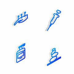 Set Isometric line Syringe, Acupuncture therapy, Bottle of liquid soap and Stack hot stones icon. Vector