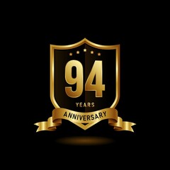 94 years anniversary logo with golden shield and ribbon for booklet, leaflet, magazine, brochure poster, banner, web, invitation or greeting card. Vector illustrations.