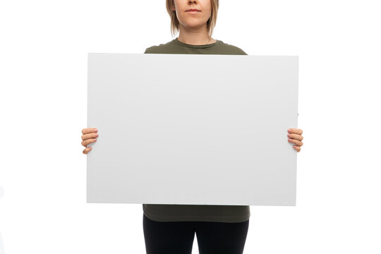 feminism and human rights concept - woman with poster protesting on demonstration over white background