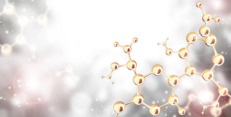 Horizontal banner with model of abstract molecular structure. Background of gray color with atom and sparks