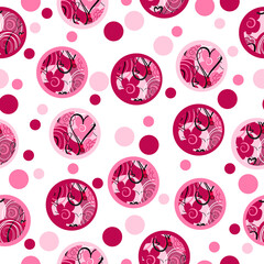Seamless pattern with pink flowers and polka dots.Vector graphics.