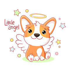Cute card in kawaii style. Little corgi puppy with angel wings and halo. Happy dog with nimbus. Inscription Little angel. Vector illustration EPS8