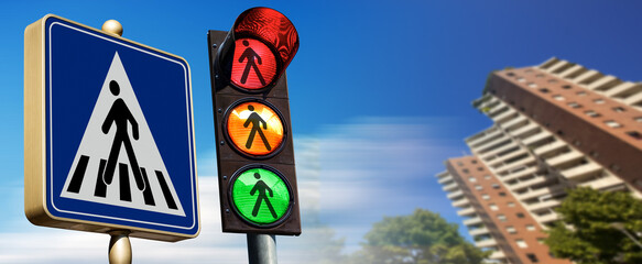 Close-up of a crosswalk sign and a pedestrian traffic light in the city with a clear blue sky and...
