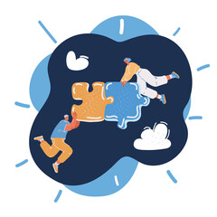 Cartoon vector illustration of The man and woman holds in hand a jigsaw puzzle. Business solutions, success and strategy concept.