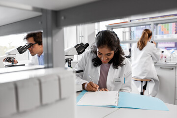 science research, work and people concept - international group of happy scientists with microscopes working in laboratory