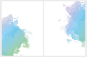 Set of 2 Delicate Abstract Watercolor Style Vector Layouts. Light Violet, Green and Pastel Blue Paint Stains on a White Background. Pastel Color Splashes and Splatter Print Set. 
