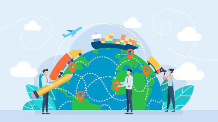 Tiny characters pave the route on the map of the Earth. The shortest way. Search and track parcels through the app. Fast shipping. Logistics. Import-export cargo. Delivery. Flat illustration. Vector