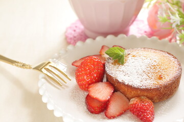 Japanese strawberries and cake with mint for gourmet dessert