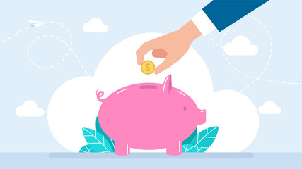 The concept of saving money. Piggy Bank for storing money. Hand puts gold coins in a piggy bank. Business concept of savings, dividends, credit interest. Flat style. Vector illustration
